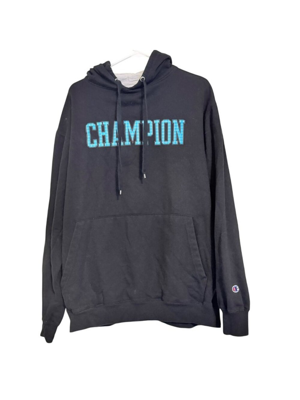 Champion Powerblend Black Hoodie Blue Plaid Applique Logo Mens LT